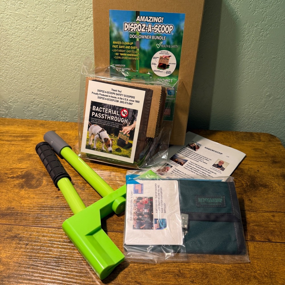 Dispoz-A-Scoop Dog Owner Bundle Kit No-Stoop Handle 8 Scoopers & Pouch NEW